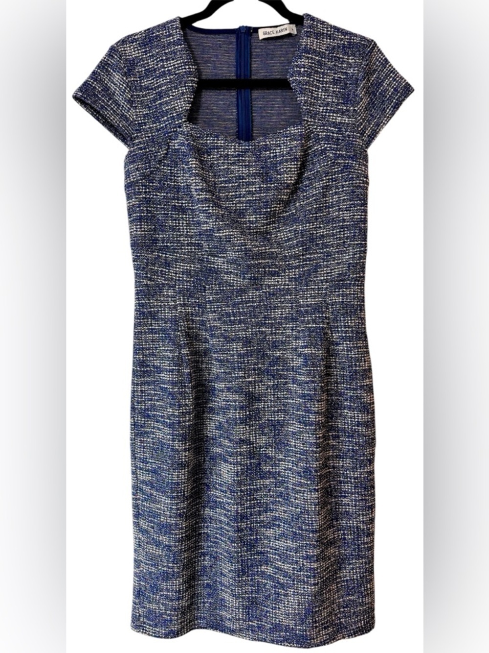 Grace Karin Blue Tweed Dress Metallic Silver Thread Sheath Dress Size M